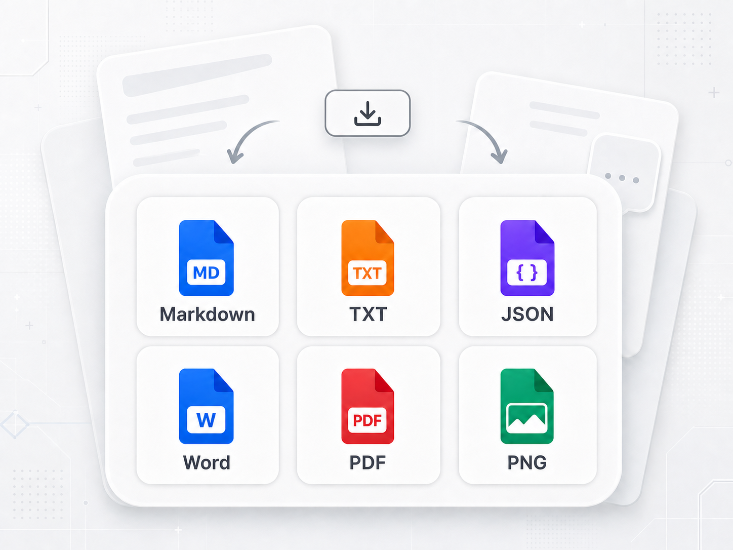 Markdown, TXT, JSON, Word, PDF and PNG export formats