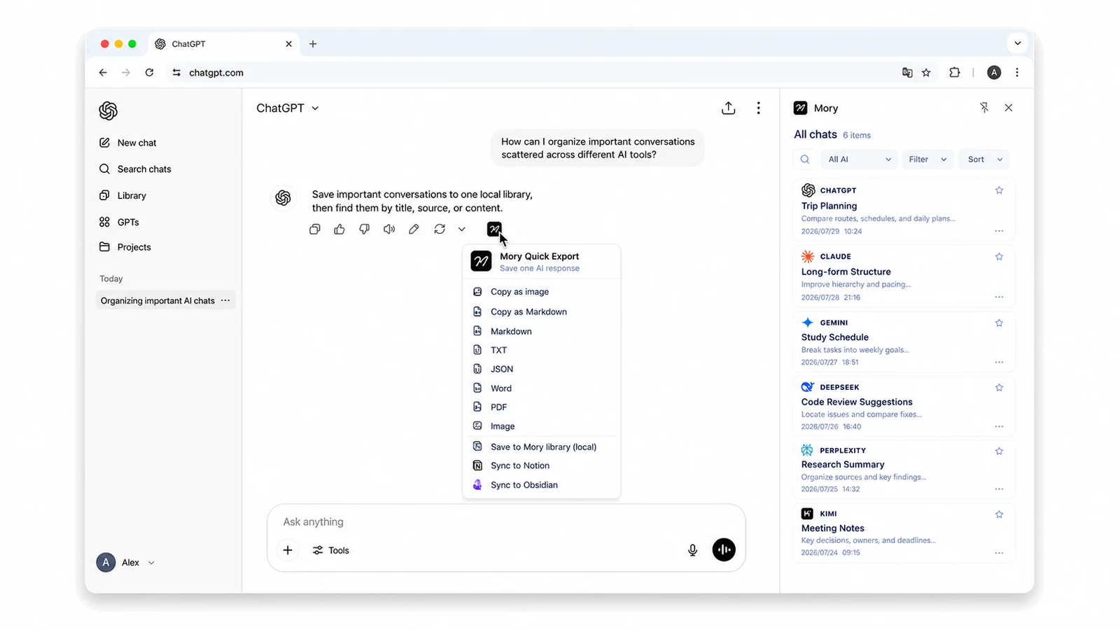 Mory sidebar bringing saved conversations from ChatGPT, Claude, Gemini and other AI platforms together