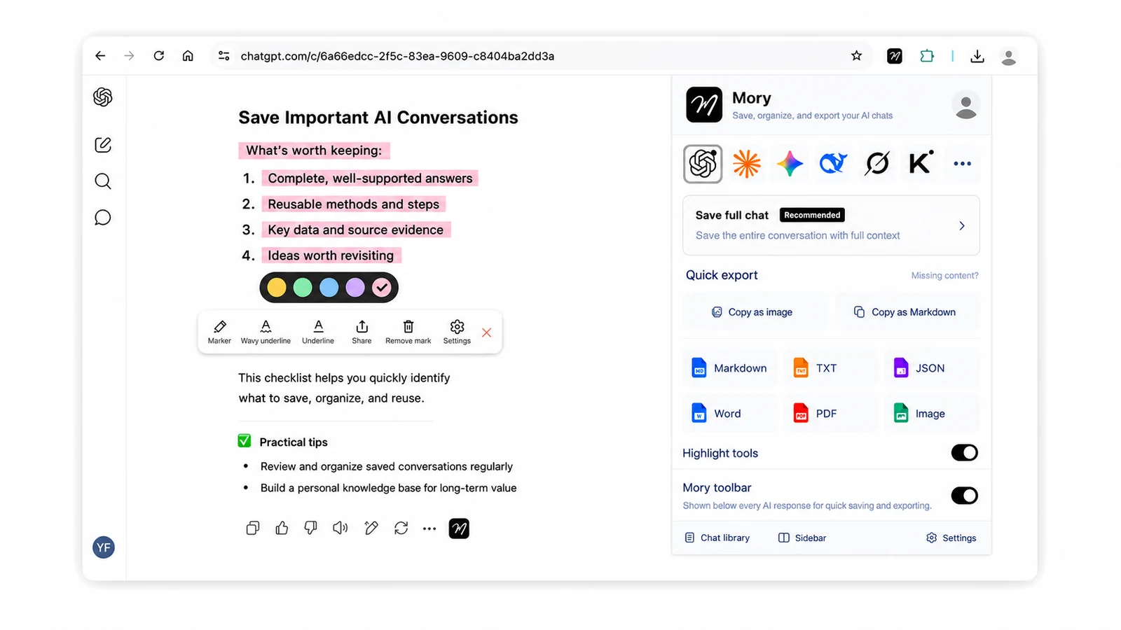 Mory highlighting key passages and saving individual answers or full AI conversations