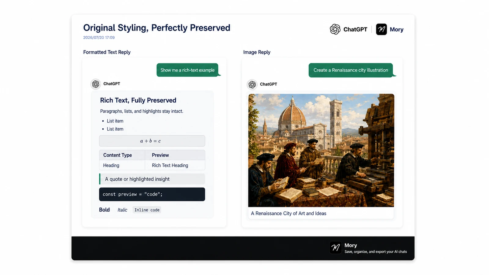 Mory export preview preserving formatted text and image replies