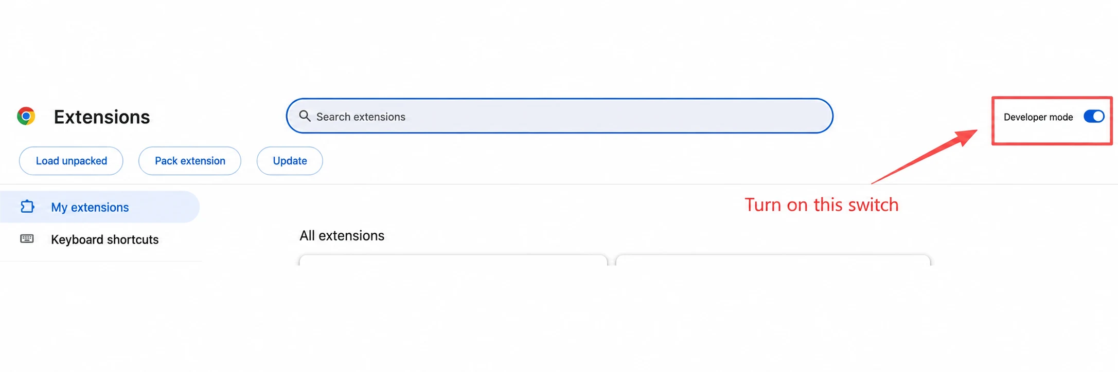 Seletor “Developer mode” na página de extensões do Chrome