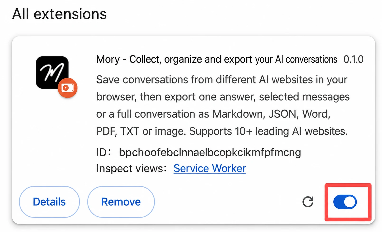 Mory instalado e ativado na página de extensões do Chrome