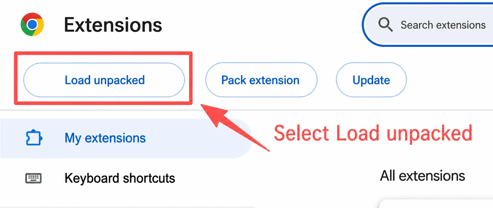 Botão “Load unpacked” na página de extensões do Chrome