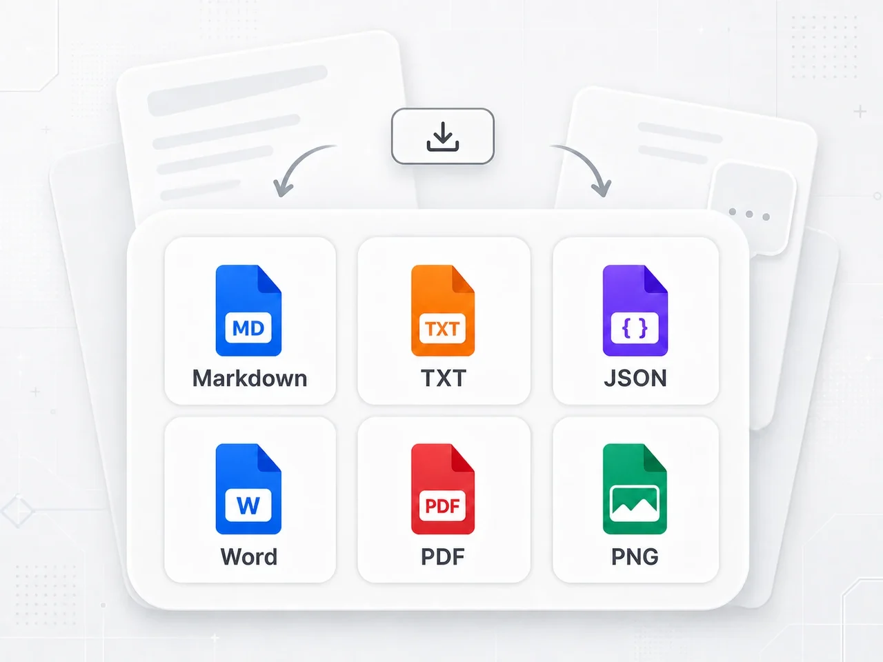 Opções de exportação do Mory para Markdown, TXT, JSON, Word, PDF e imagem