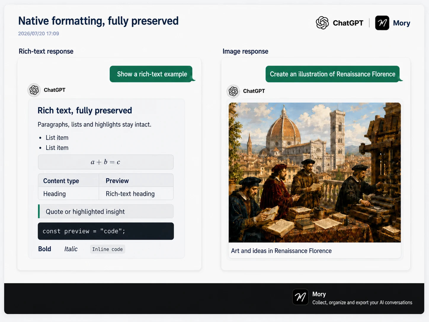 Mory preserva textos formatados, listas, fórmulas, tabelas, códigos e imagens na exportação